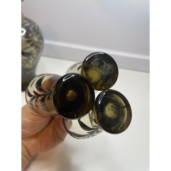 Vintage  Set ITALY CLEAR Glass Silver Overlay Liquor Decanter 3 Shot Glasses - Picture 8 of 11